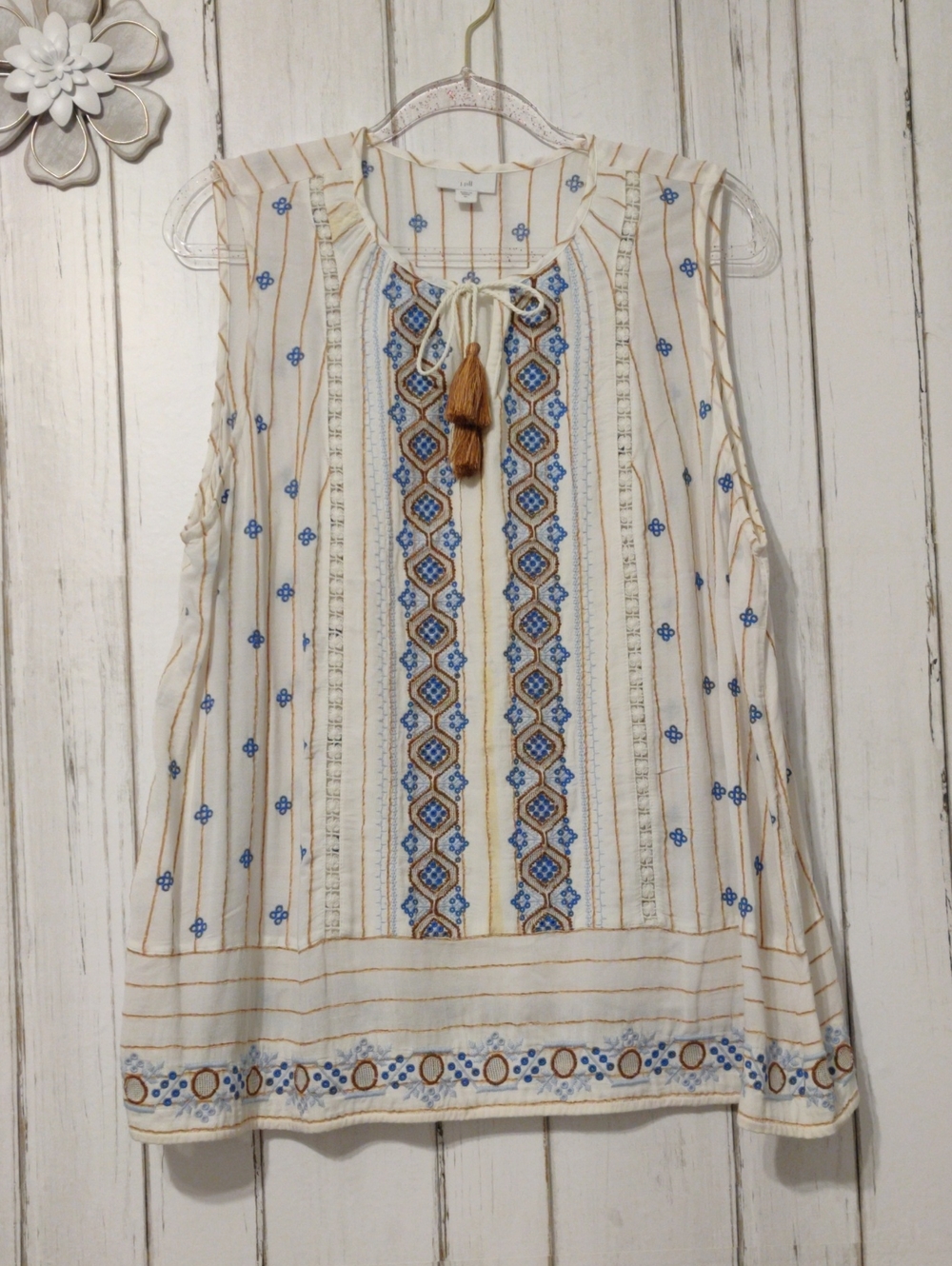 J. Jill Cream Sleeveless Embroidered Camisole with Blue and Tan Accents